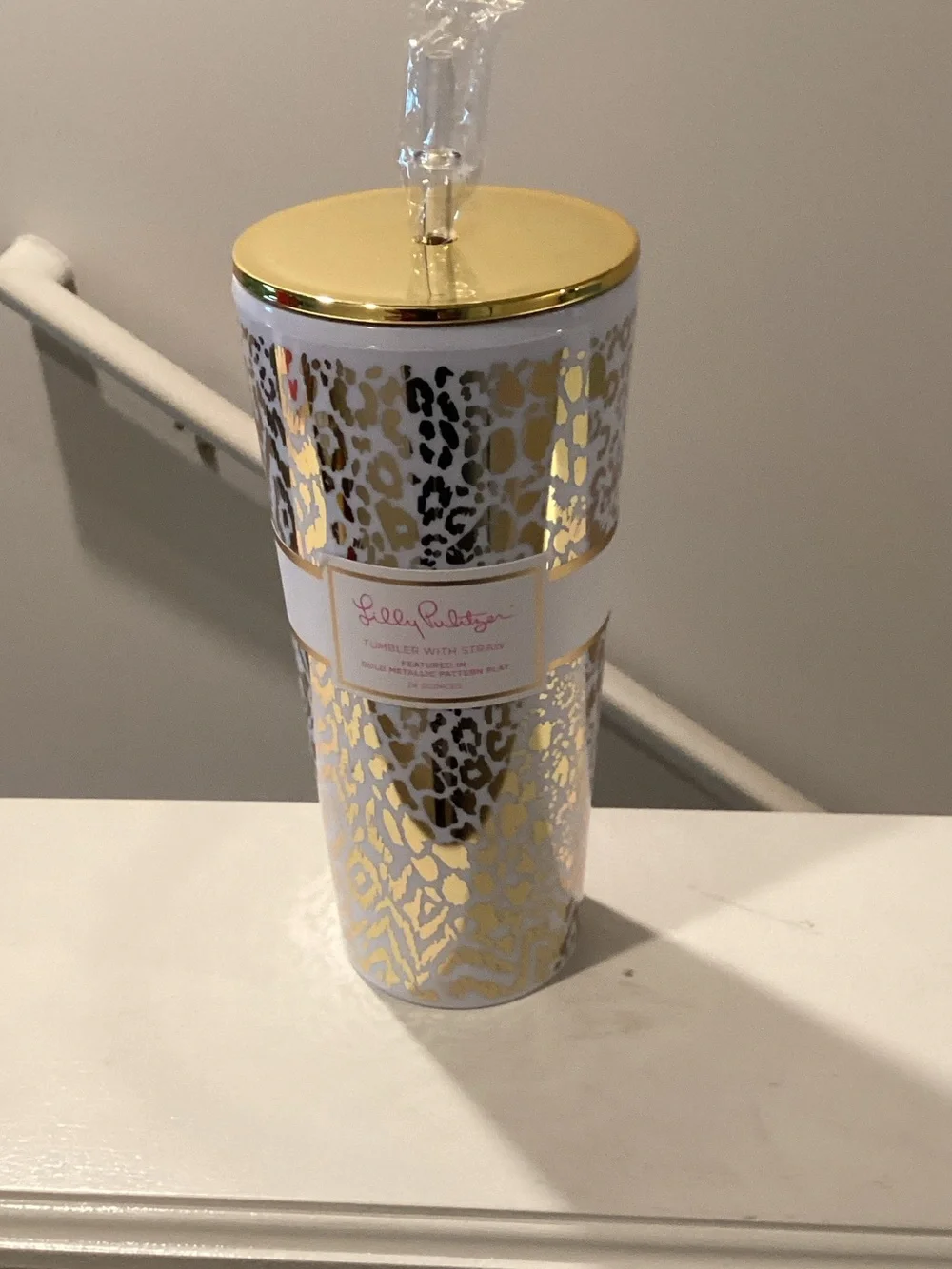 Lilly Pulitzer Metallic Gold Leopard Insulated Tumbler with Straw - Gold & White